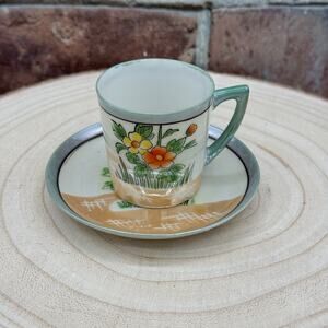Vtg‎ Lusterware Demitasse Tea Cup Saucer Set Flower Japan Peach Green Espresso